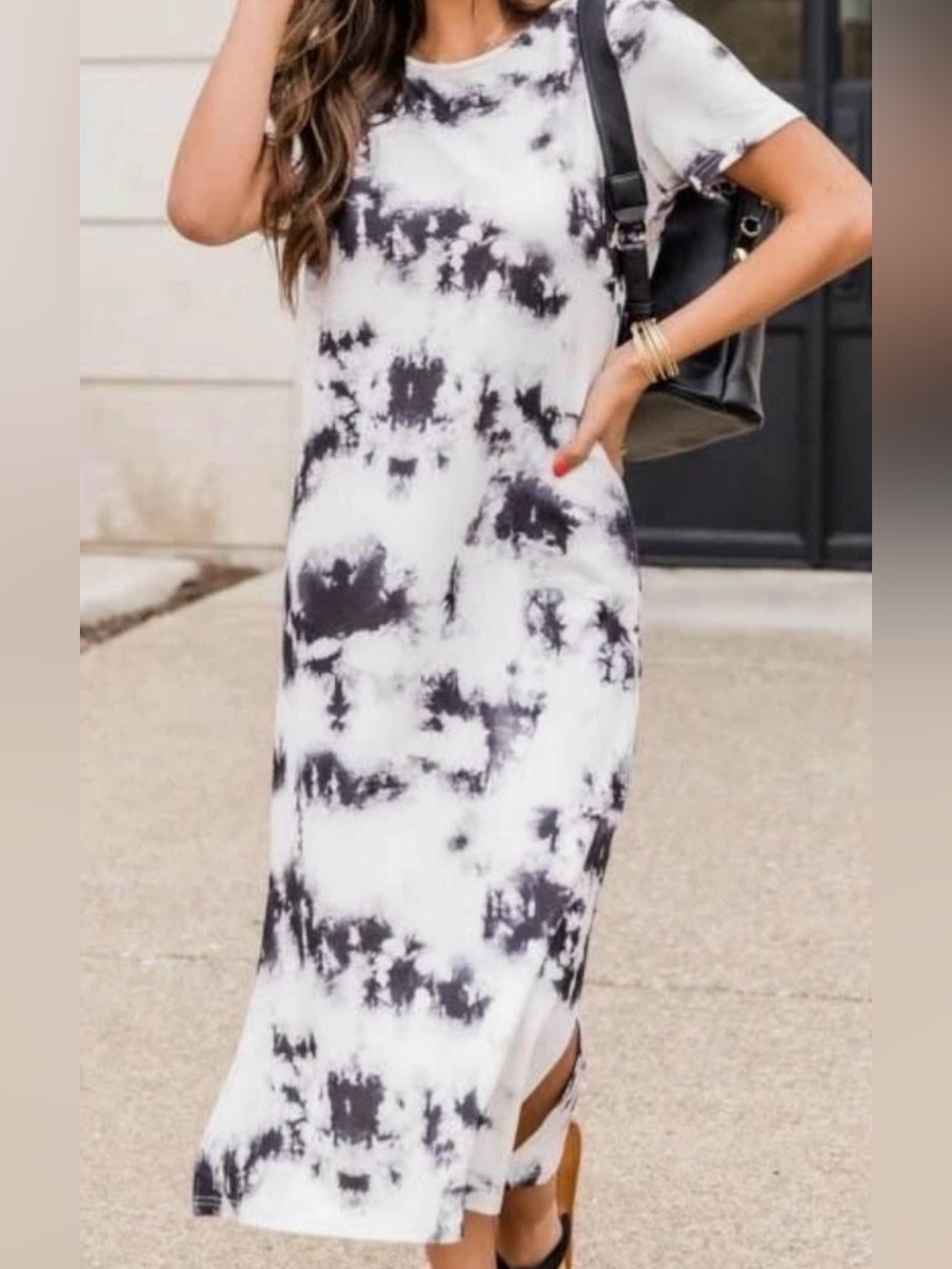 Pink Lily Black & White Tie-Dye Short Sleeve Maxi Dress